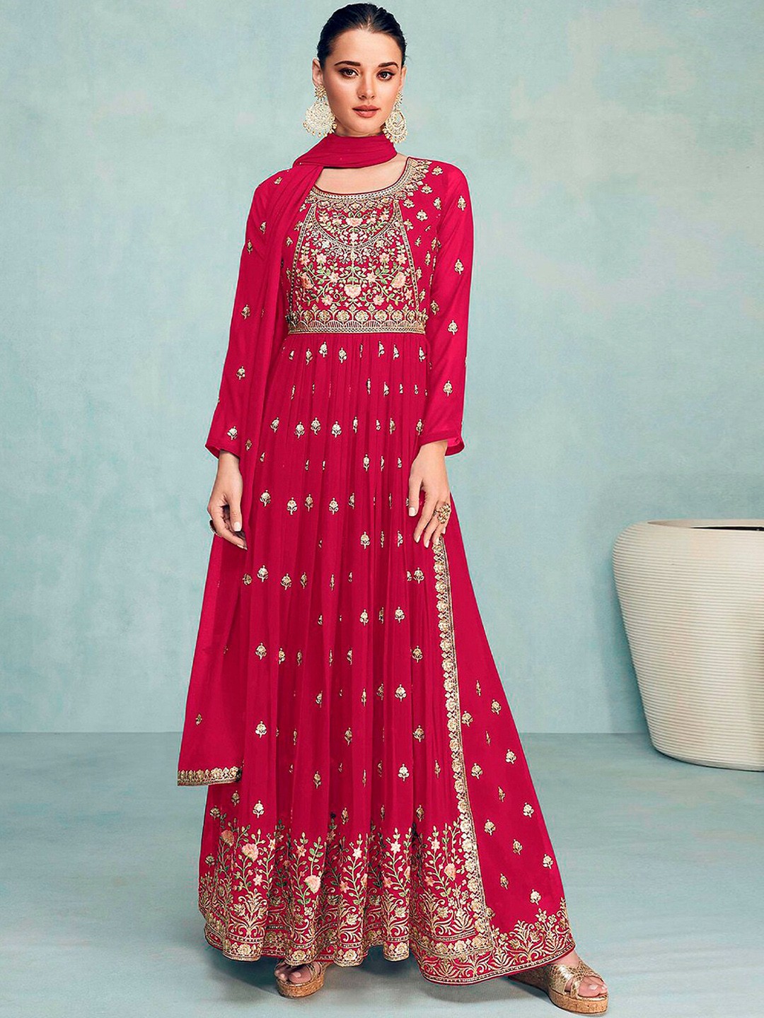 

ODETTE Floral Embroidered Semi-Stitched Dress Material, Pink