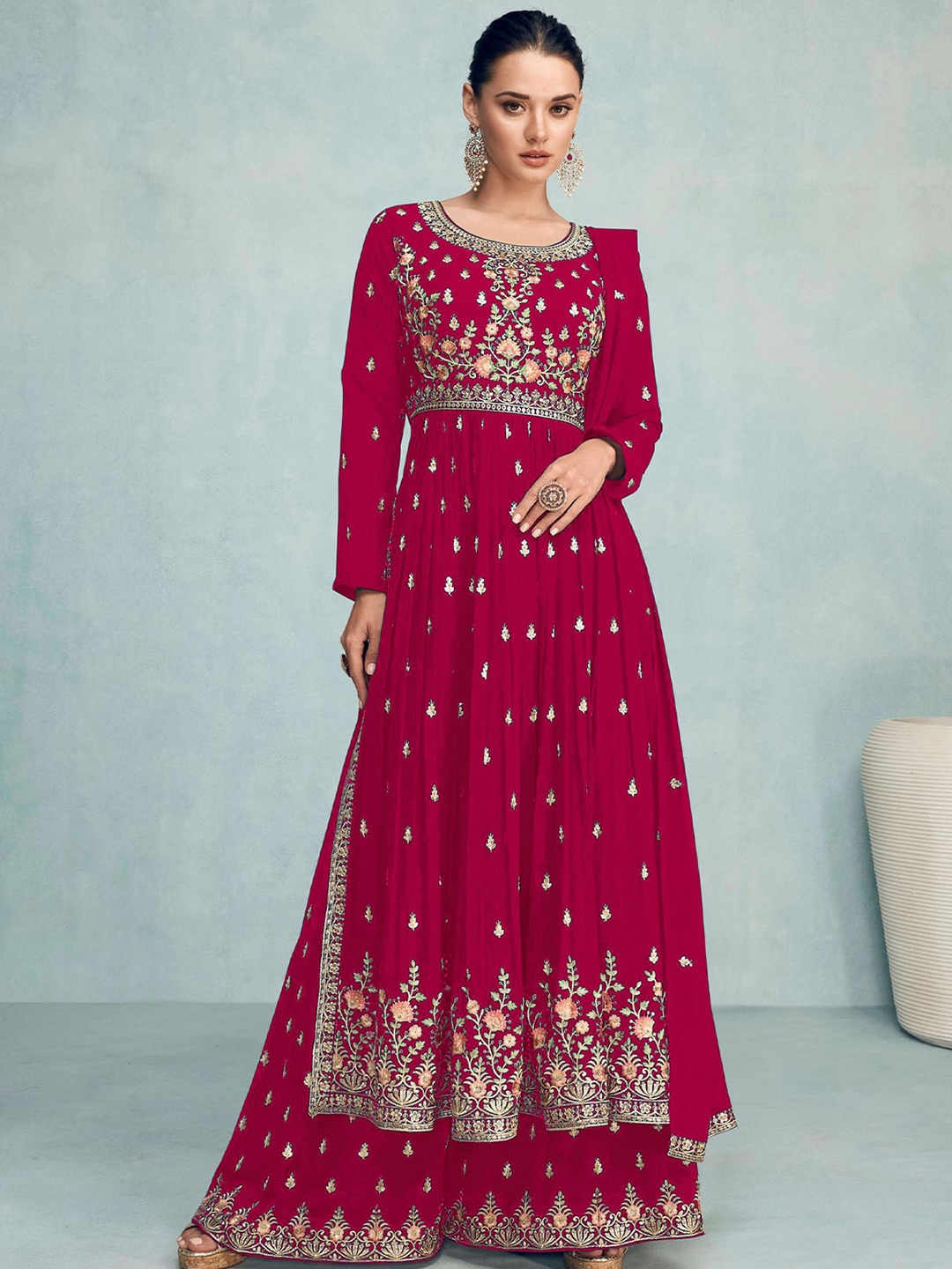 

ODETTE Floral Embroidered Semi-Stitched Dress Material, Pink