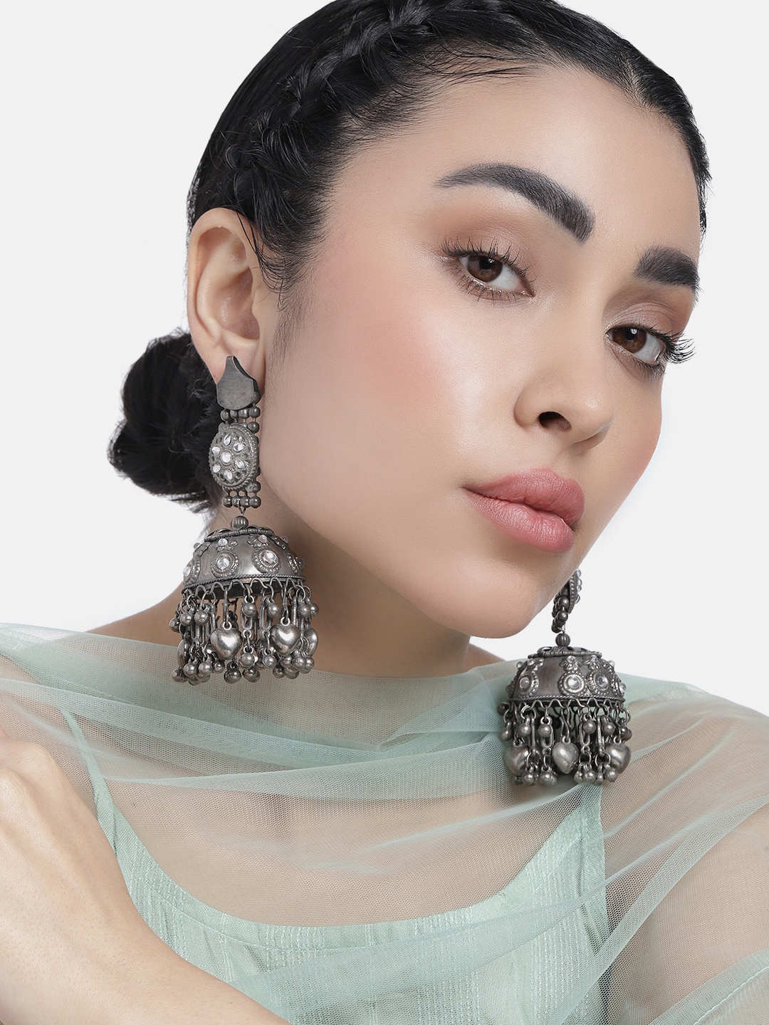 

LAIDA Silver-Plated Oxidised Circular Jhumkas Earrings