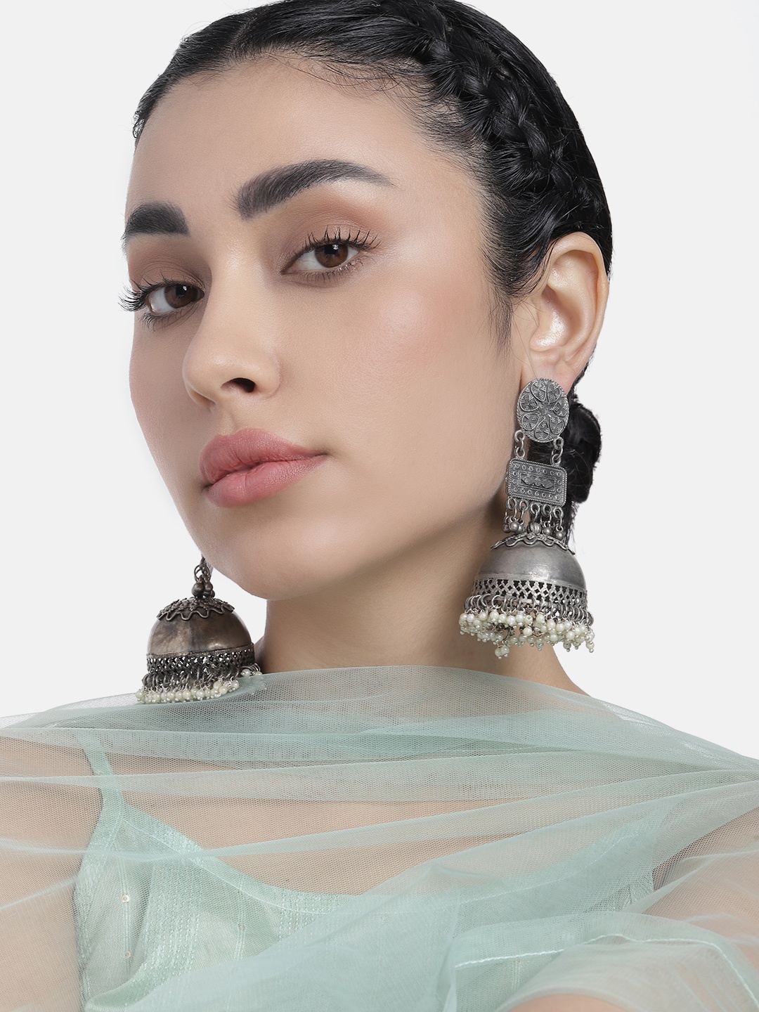 

LAIDA Silver-Plated Oxidised Circular Jhumkas Earrings