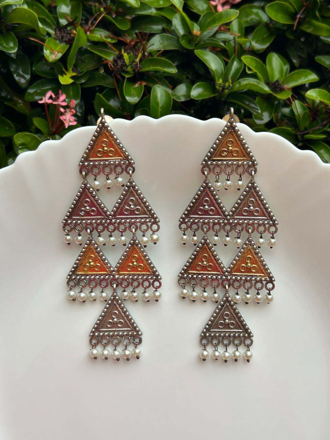 

LAIDA Silver-Plated Oxidised Triangular Drop Earrings