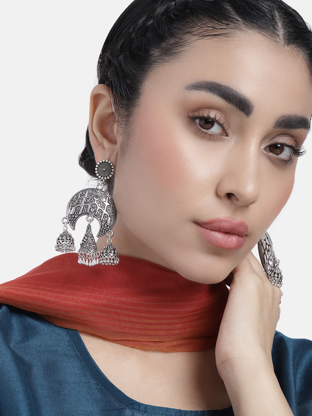 

LAIDA Silver-Plated Oxidised Crescent Shaped Jhumkas