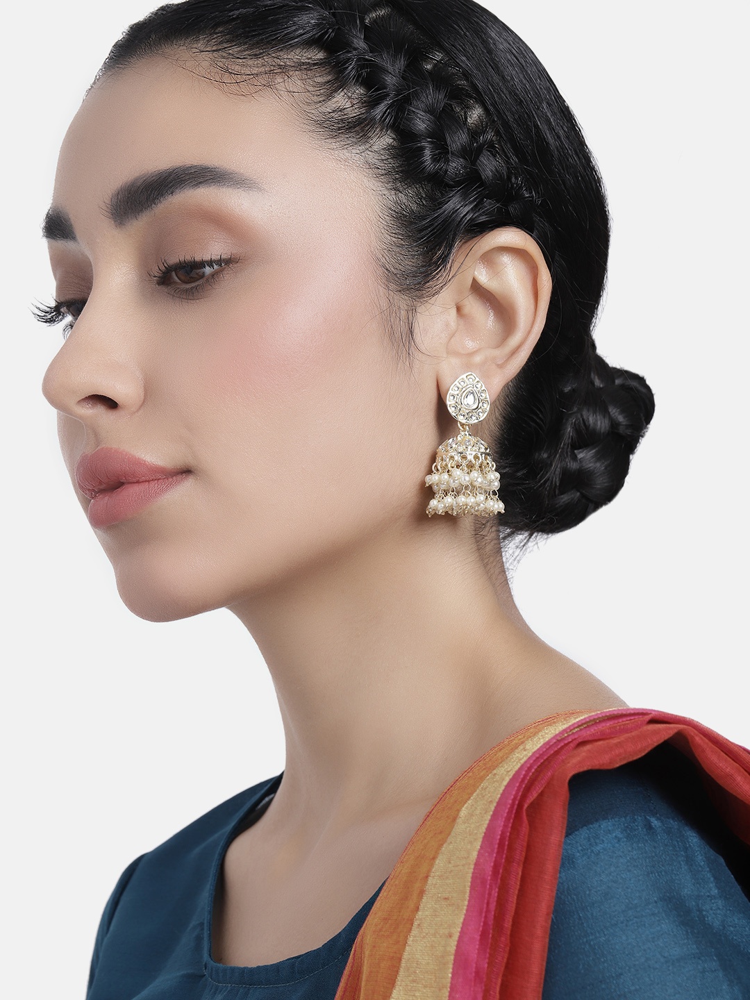 

LAIDA Gold-Plated Artificial Stones & Beads-Studded Dome Shaped Jhumkas Earrings