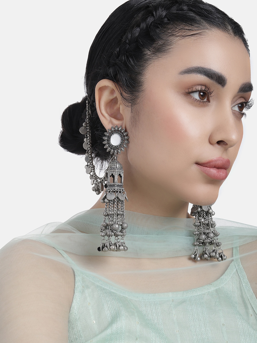 

LAIDA Silver-Plated Oxidised Spherical Jhumkas Earrings