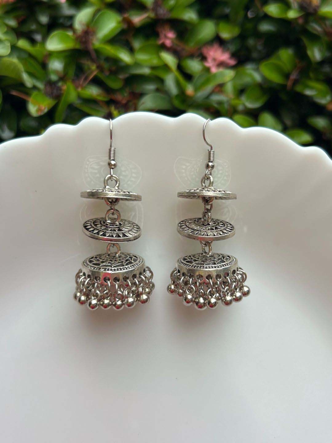 

LAIDA Silver-Plated Oxidised Layered Jhumkas