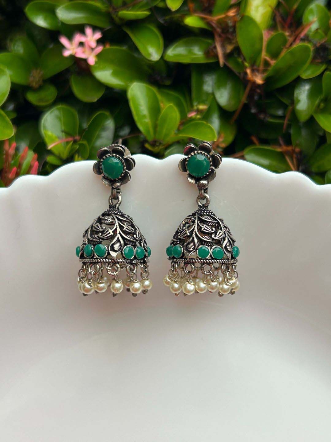 

LAIDA Silver-Plated Oxidised Classic Jhumkas Earrings