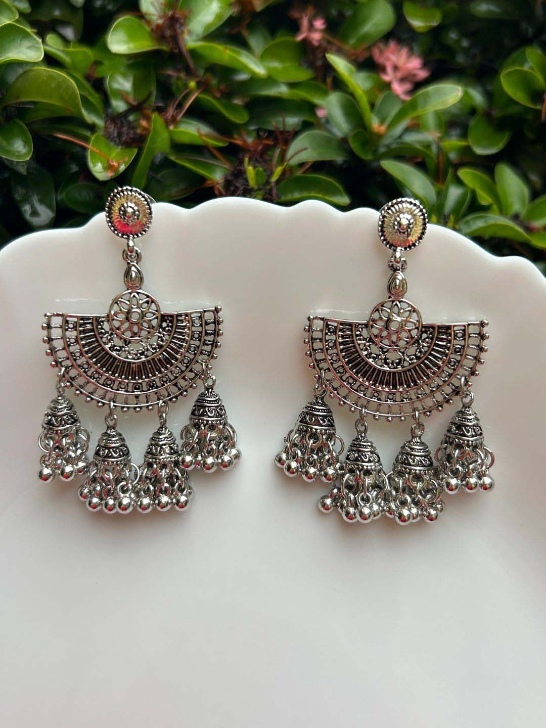 

LAIDA Silver-Plated Oxidised Classic Jhumkas Earrings