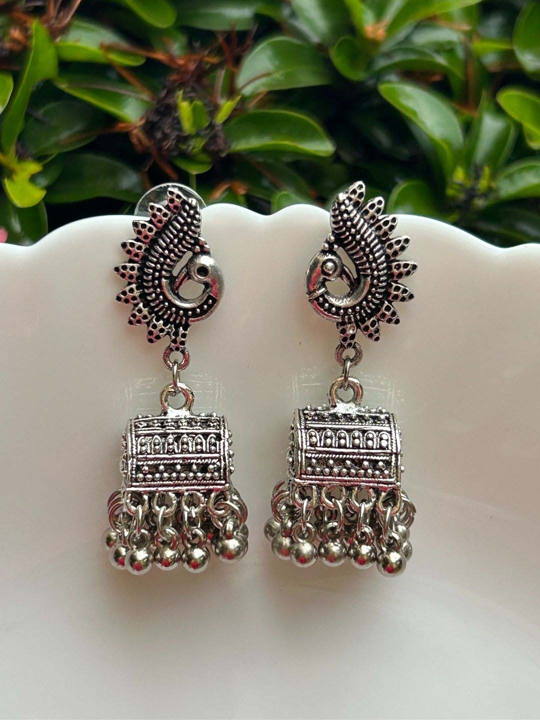 

LAIDA Silver-Plated Oxidised Contemporary Jhumkas Earrings