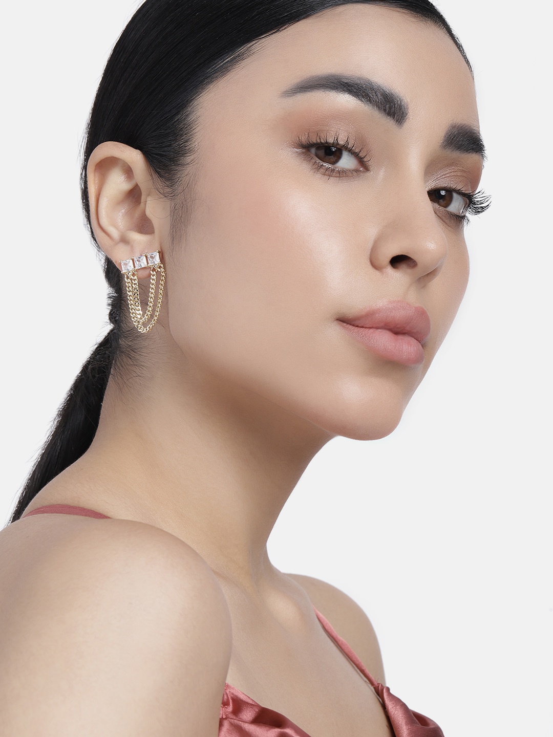 

LAIDA Gold-Plated AD-Studded Teardrop Shaped Drop Earrings