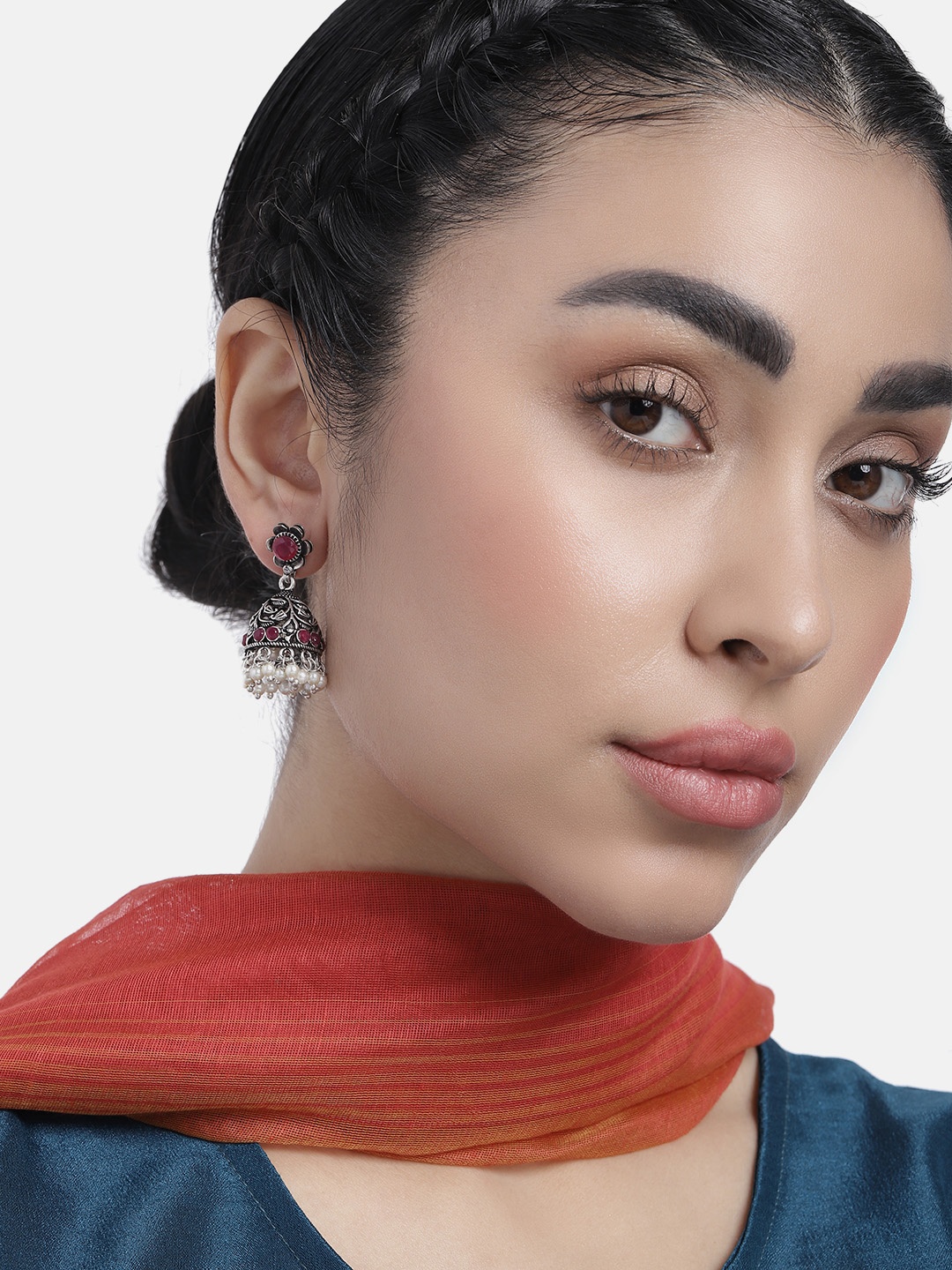 

LAIDA Silver-Plated Oxidised Classic Jhumkas Earrings