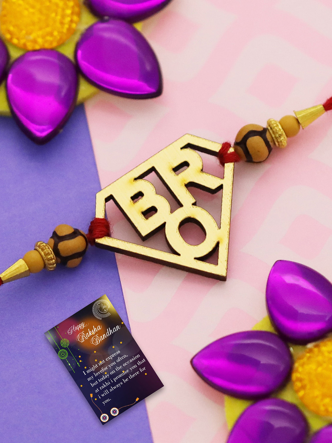 

Silver Shine Set Of 2 Stone Beaded Rakhi With Roli Chawal Greeting Card & Pooja Thali, Gold