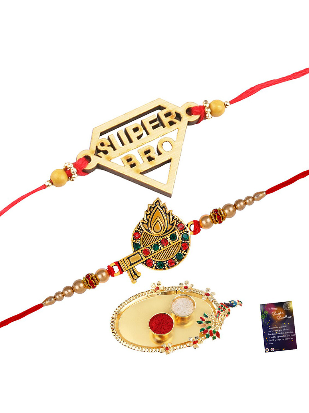 

Silver Shine Set Of 2 Stone Studded & Beaded Thread Rakhis, Gold