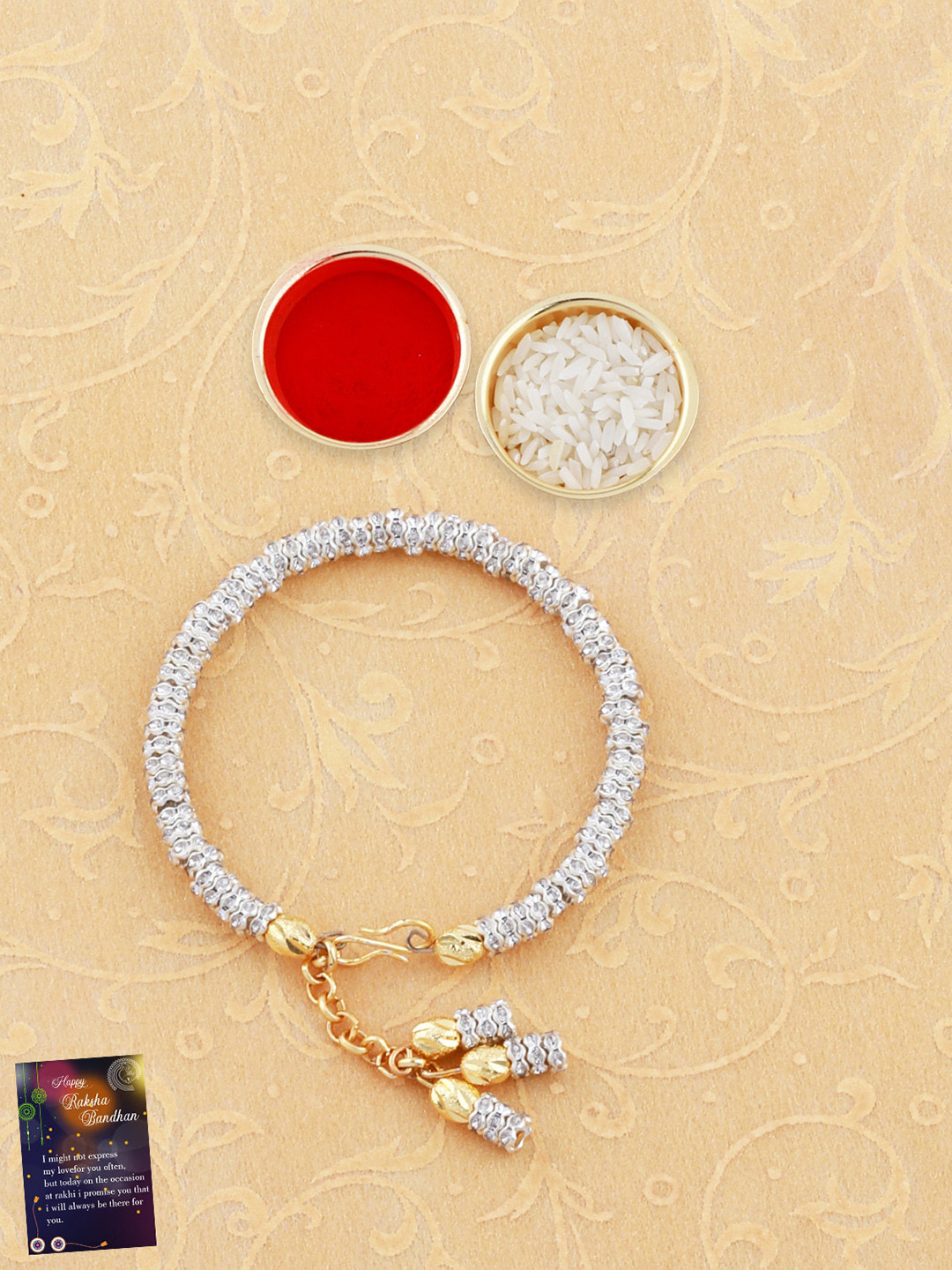 

Silver Shine Set Of 2 Charm bracelet Rakhis With Roli Chawal 1 Greeting Card & Pooja Thali, Red