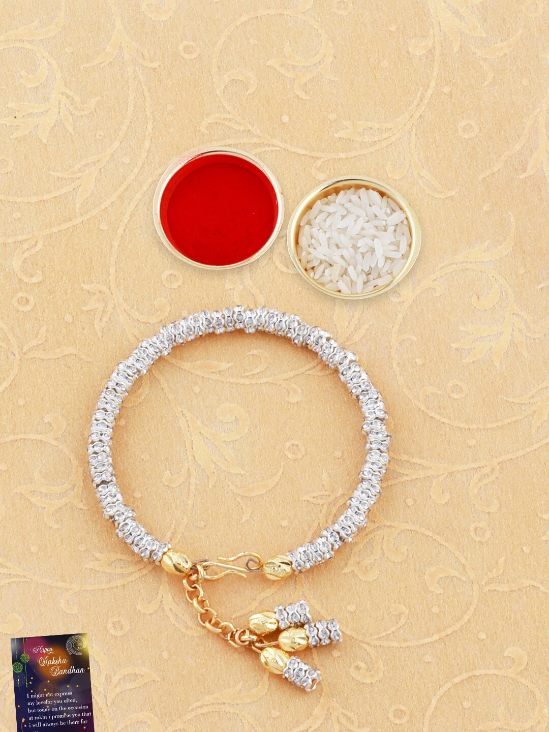 

Silver Shine Unisex Set Of 2 Charm Rakhis & Roli Chawal 1 Greeting Card & Pooja Thali, Red