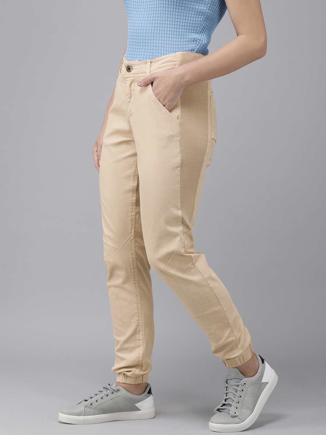 

The Roadster Life Co. Women Solid With Ribbed Tape Detail Joggers, Beige