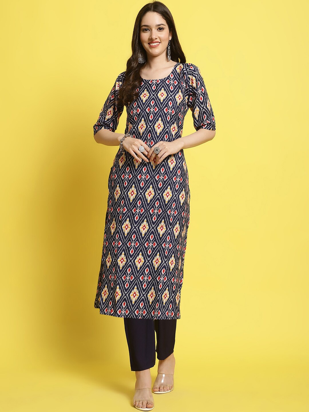 

KALINI Ethnic Motifs Printed Regular Kurta With Trousers, Black