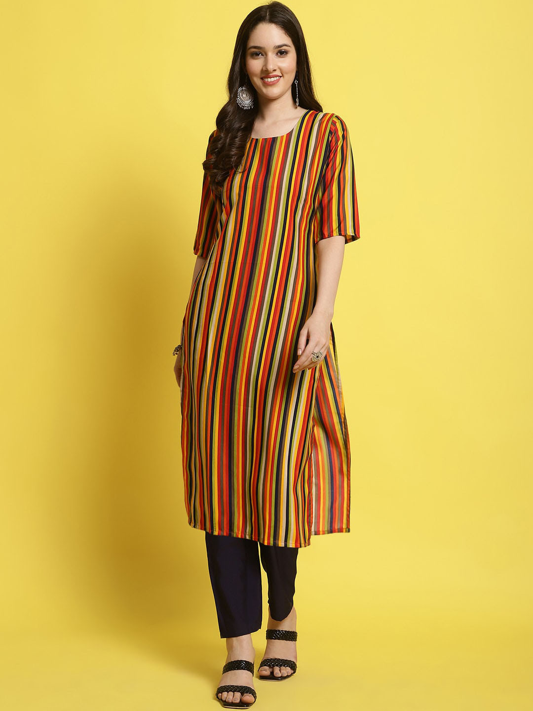 

KALINI Striped Regular Kurta With Pyjamas, Red