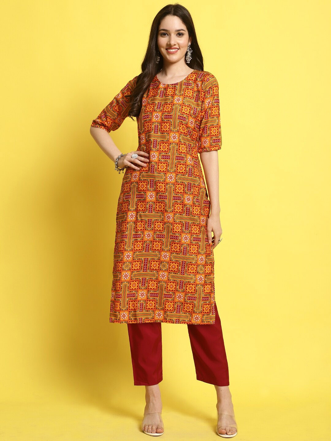 

KALINI Ethnic Motifs Printed Regular Kurta with Trousers, Orange