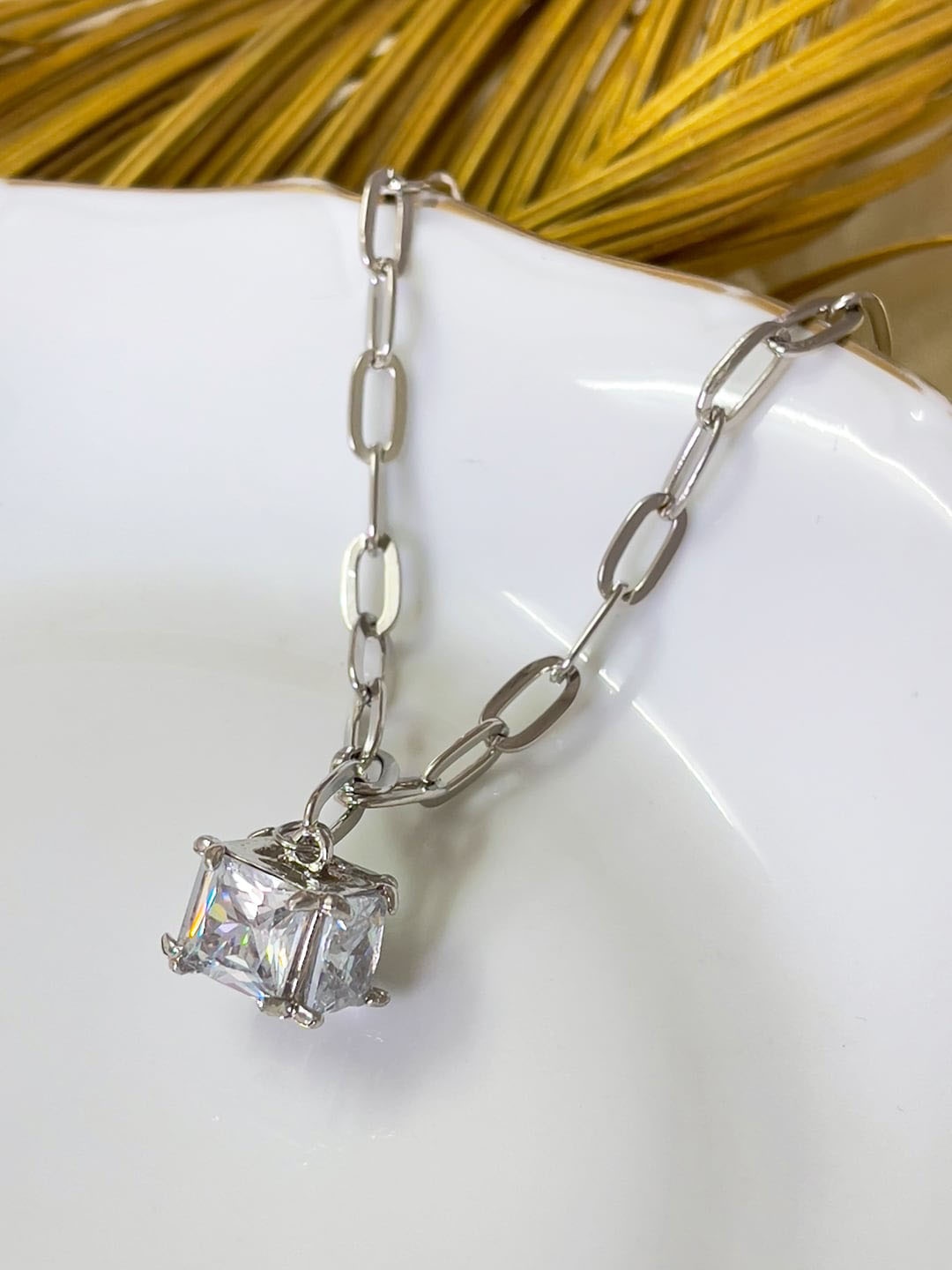 

Ayesha Silver-Plated Stone-Studded & Square-Charm Pendant With Chain