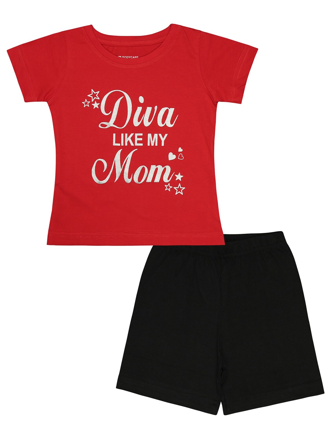 

Bodycare Kids Girls Printed Pure Cotton T-shirt with Shorts, Red