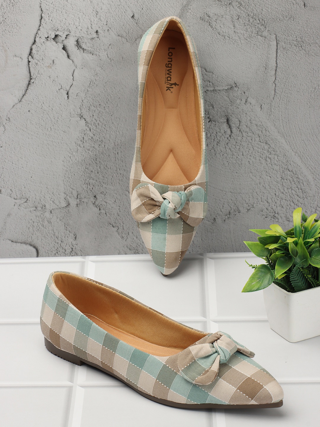 

Longwalk Checked Bow Detail Ballerinas, Green