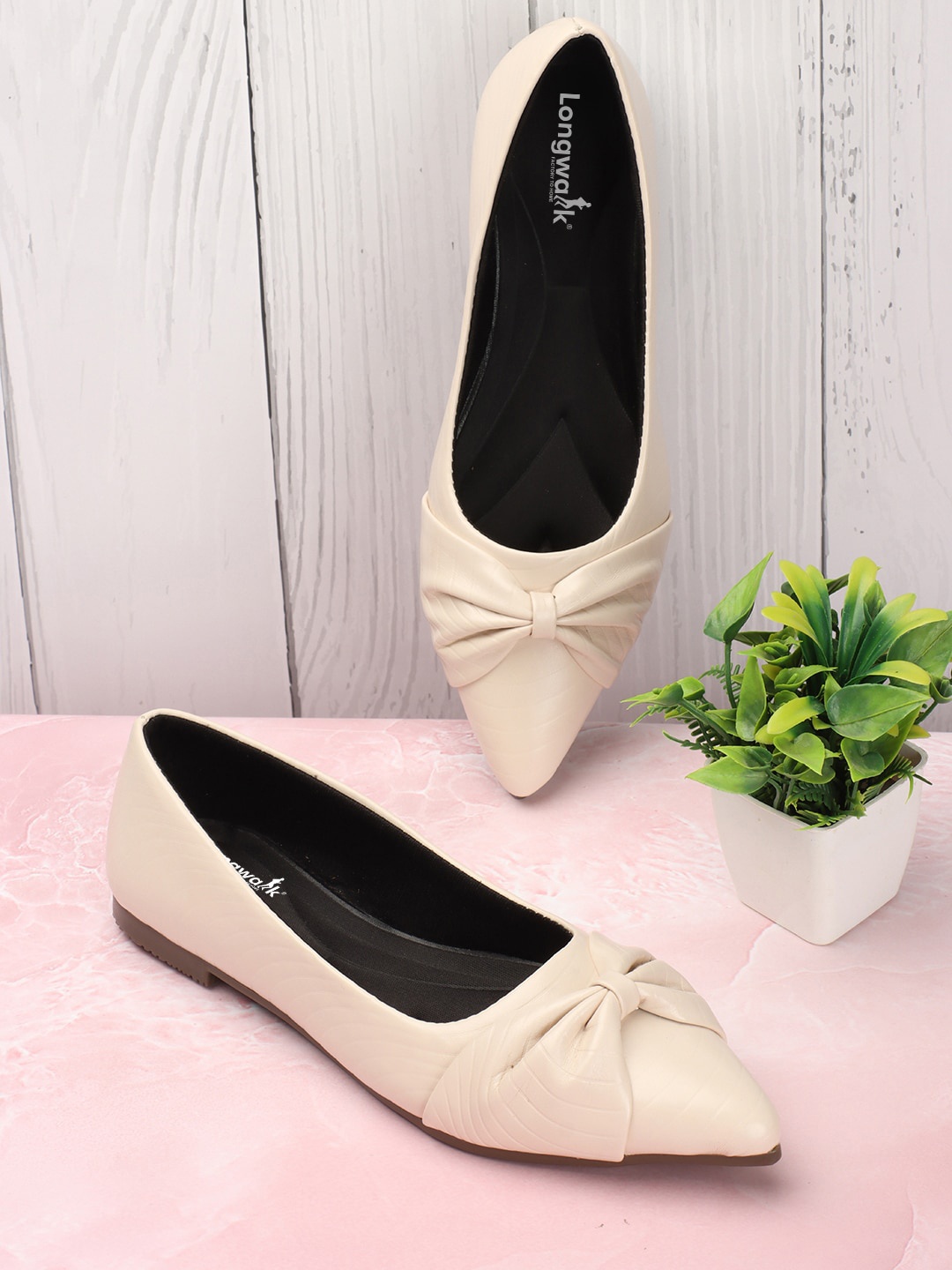 

Longwalk Pointed Toe Textured Ballerinas With Bows, Cream