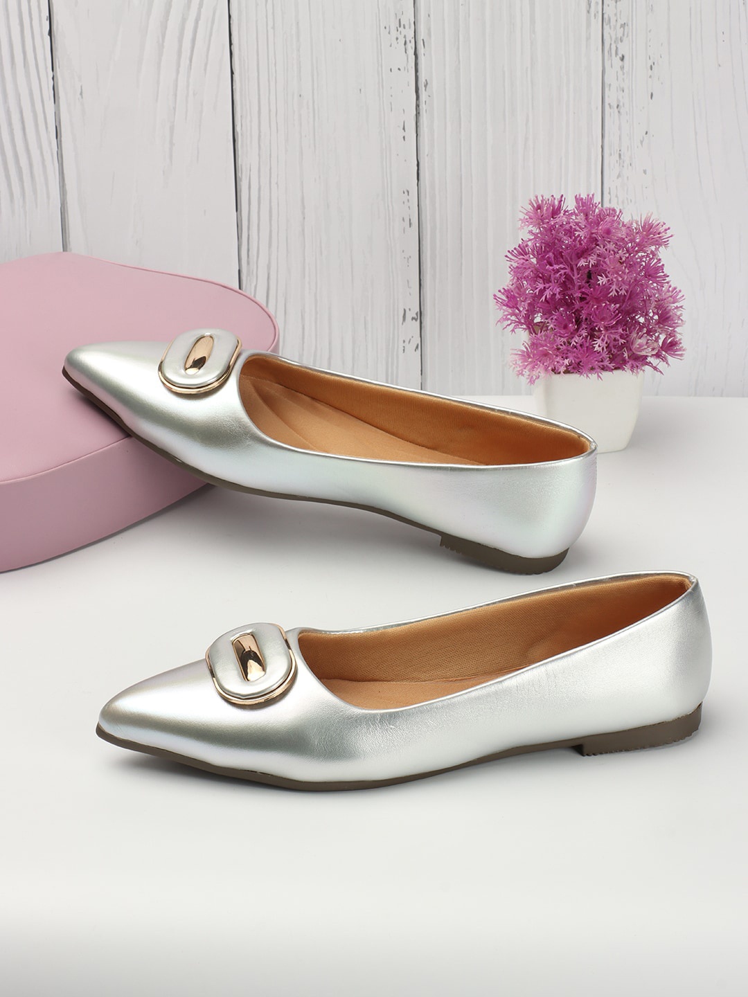 

Longwalk Pointed Toe Buckled Ballerinas, Silver