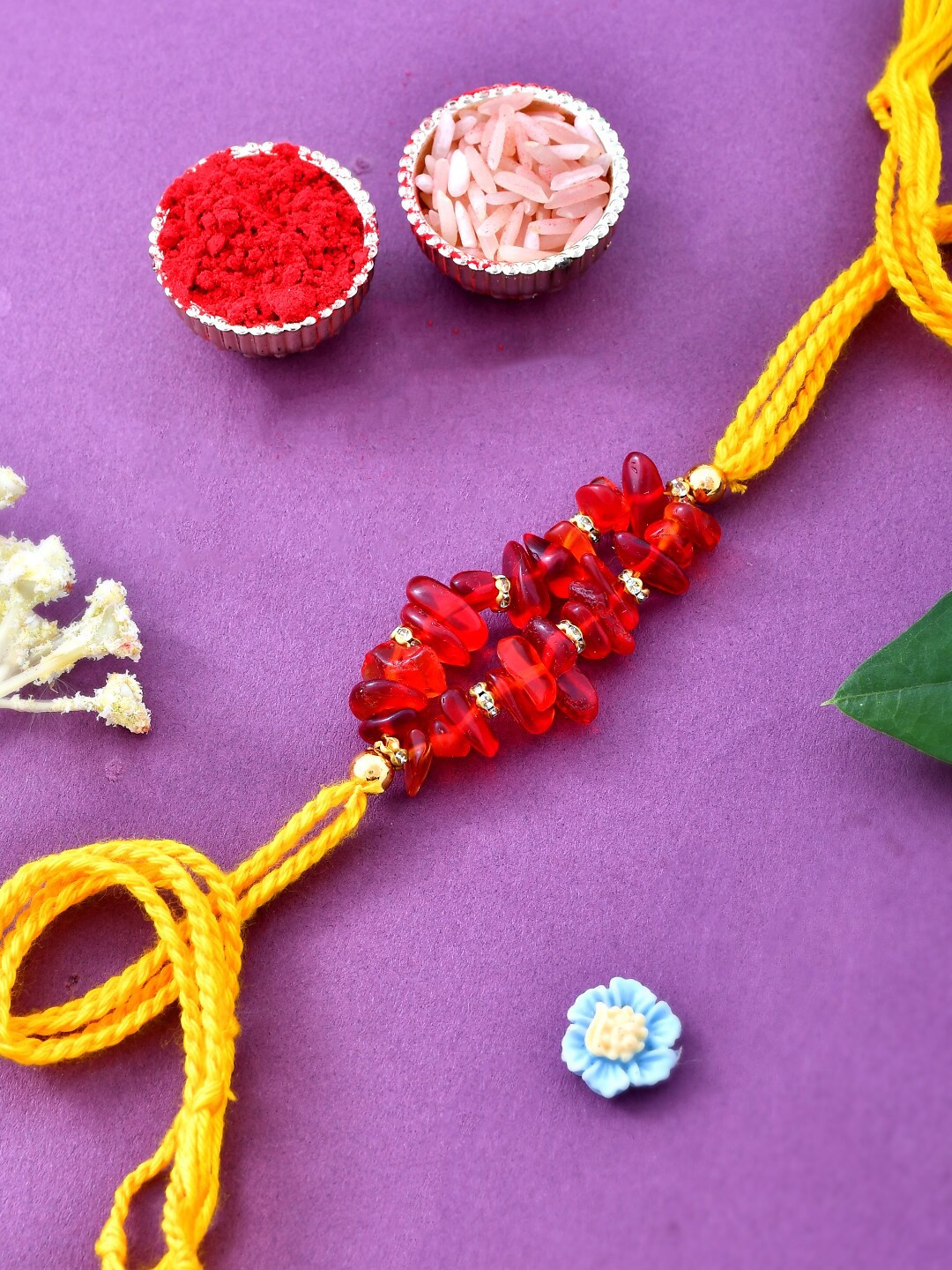 

Aapno Rajasthan Men Stone-Studded & Beaded Rakhi With Roli Rice & Greeting Card, Red