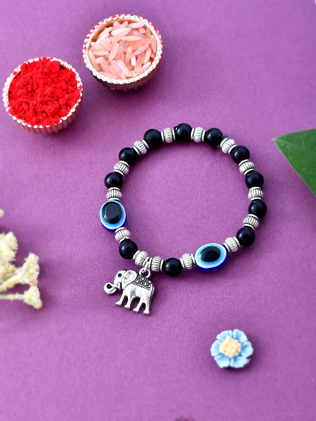 

Aapno Rajasthan Men Elephant Beaded Bracelet Rakhi With Roli Chawal & Greeting Card, Silver