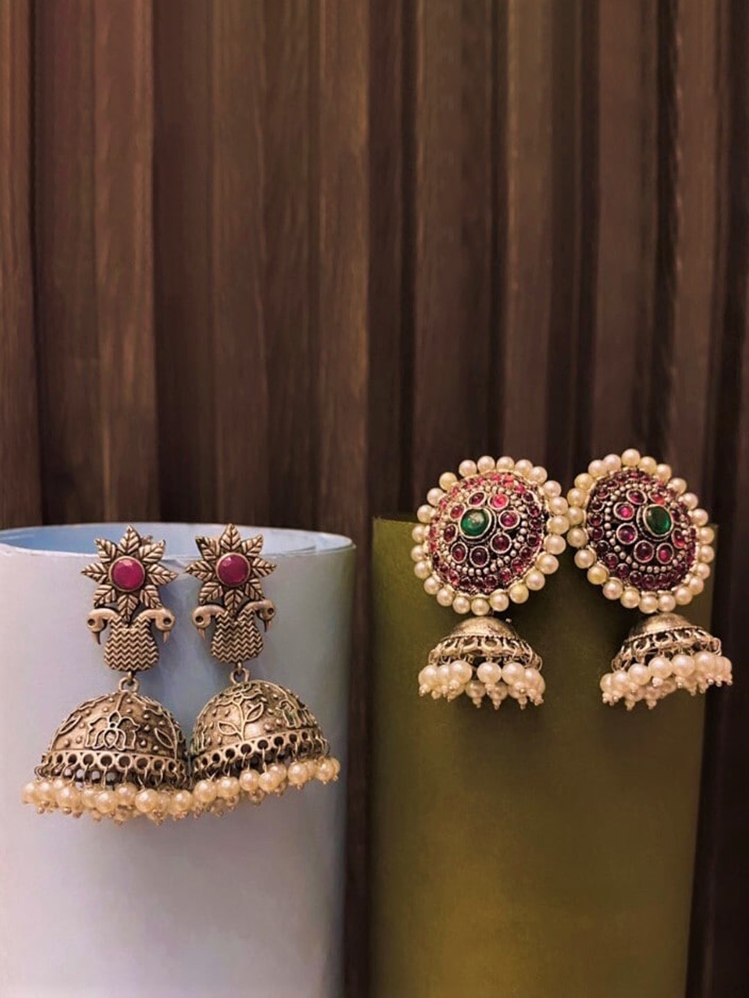 

ATIBELLE Set of 2 German Silver Plated & Floral Shaped Stone-Studded Jhumkas, Maroon
