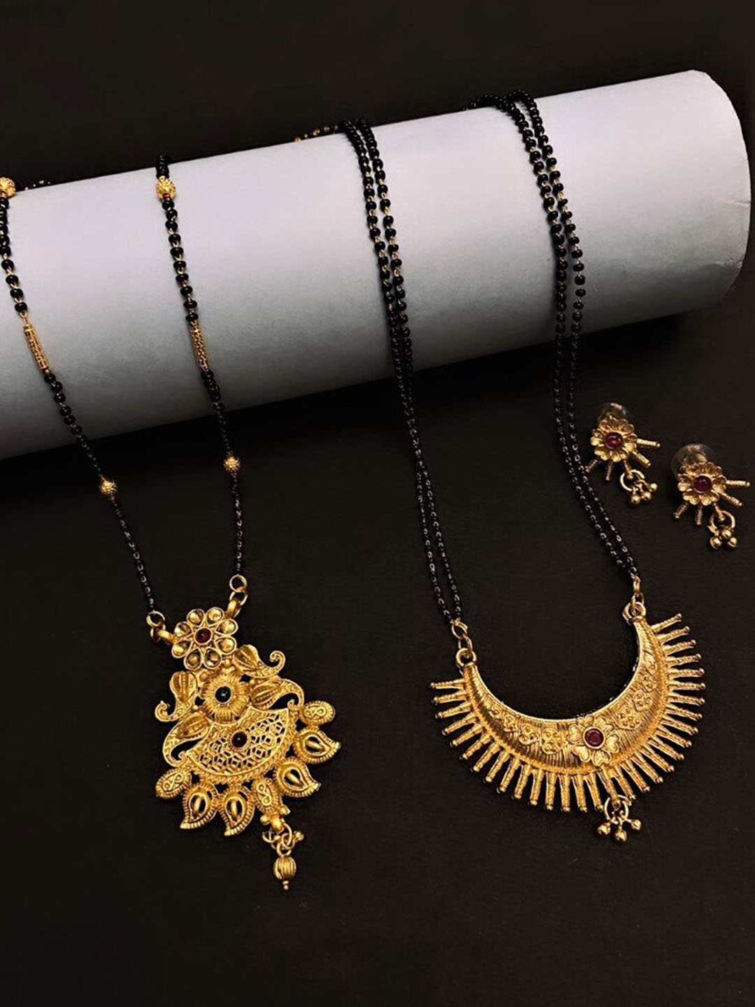 

ATIBELLE Set Of 2 Gold Plated Stone Studded & Beaded Mangalsutras With Earrings