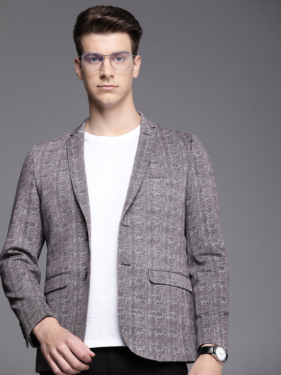 

Louis Philippe Sport Checked Super Slim-Fit Single-Breasted Casual Blazer, Grey