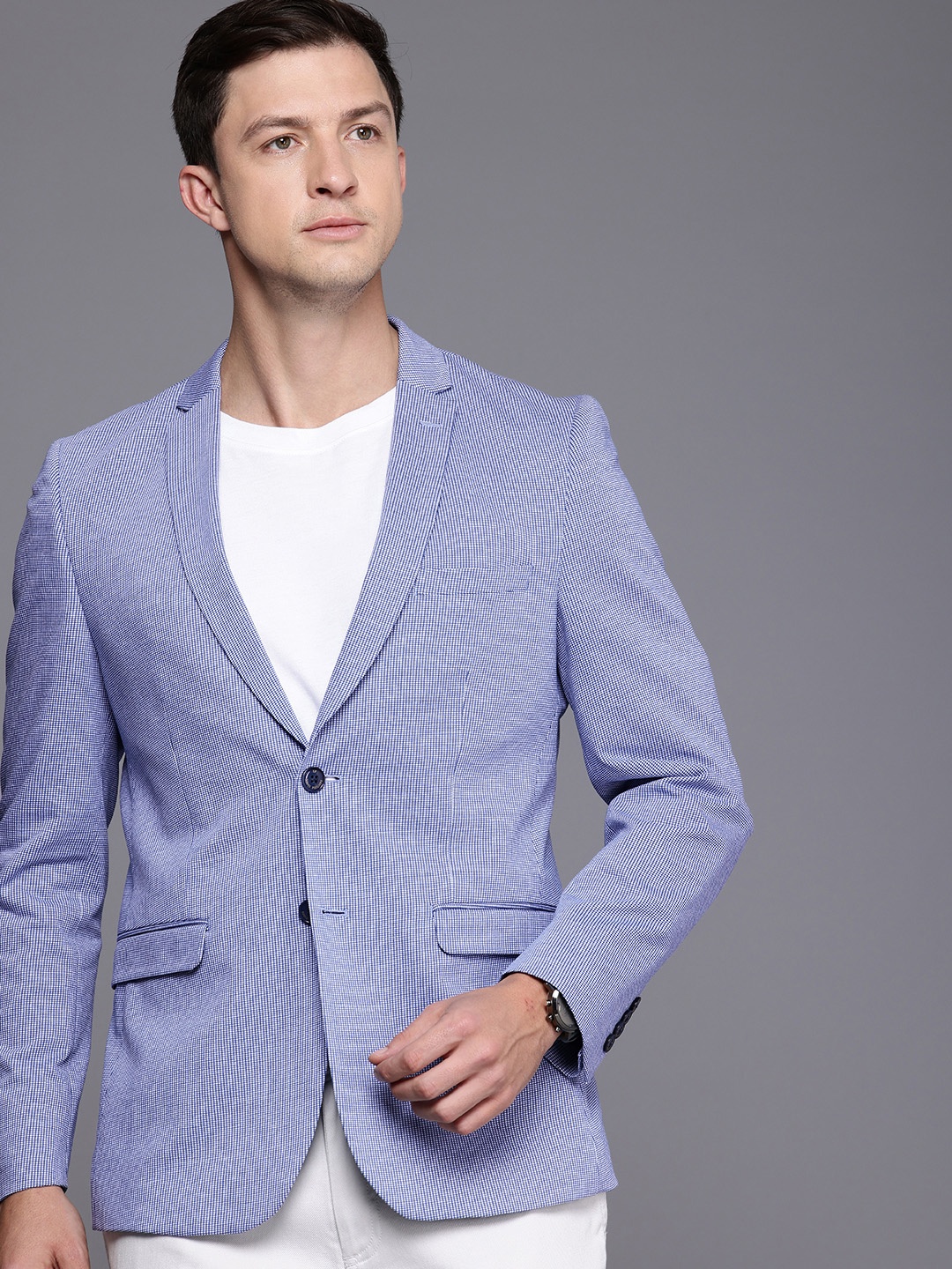 

Louis Philippe Pure Cotton Self-Checked Single Breasted Super Slim Fit Formal Blazer, Navy blue