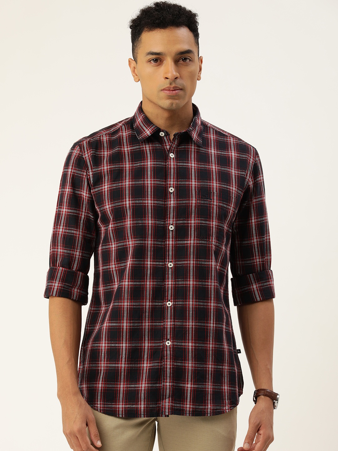 

Parx Pure Cotton Slim Fit Checked Casual Shirt, Navy blue