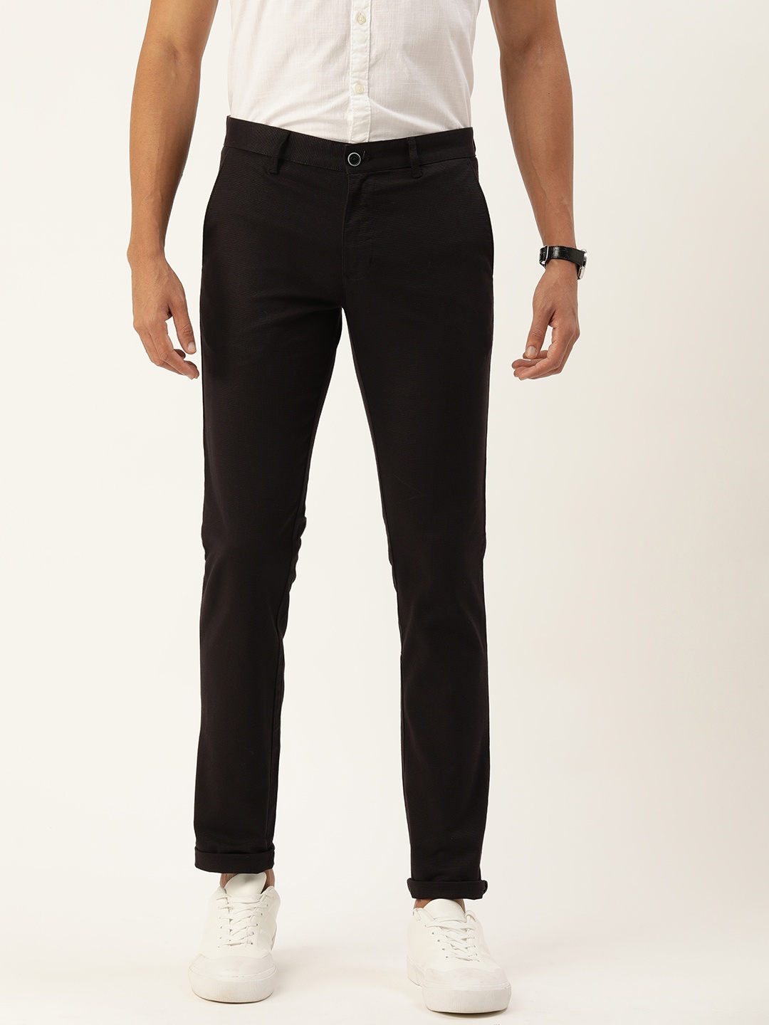 

Parx Men Textured Tapered Fit Smart Casual Trousers, Black