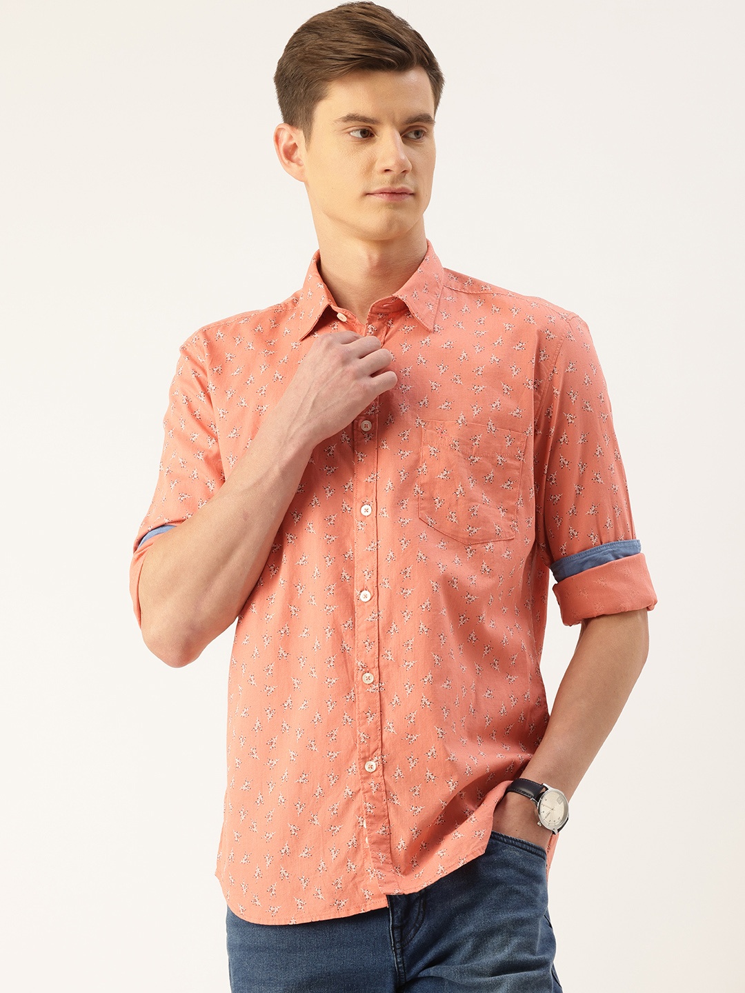 

Parx Slim Fit Tropical Printed Pure Cotton Casual Shirt, Peach