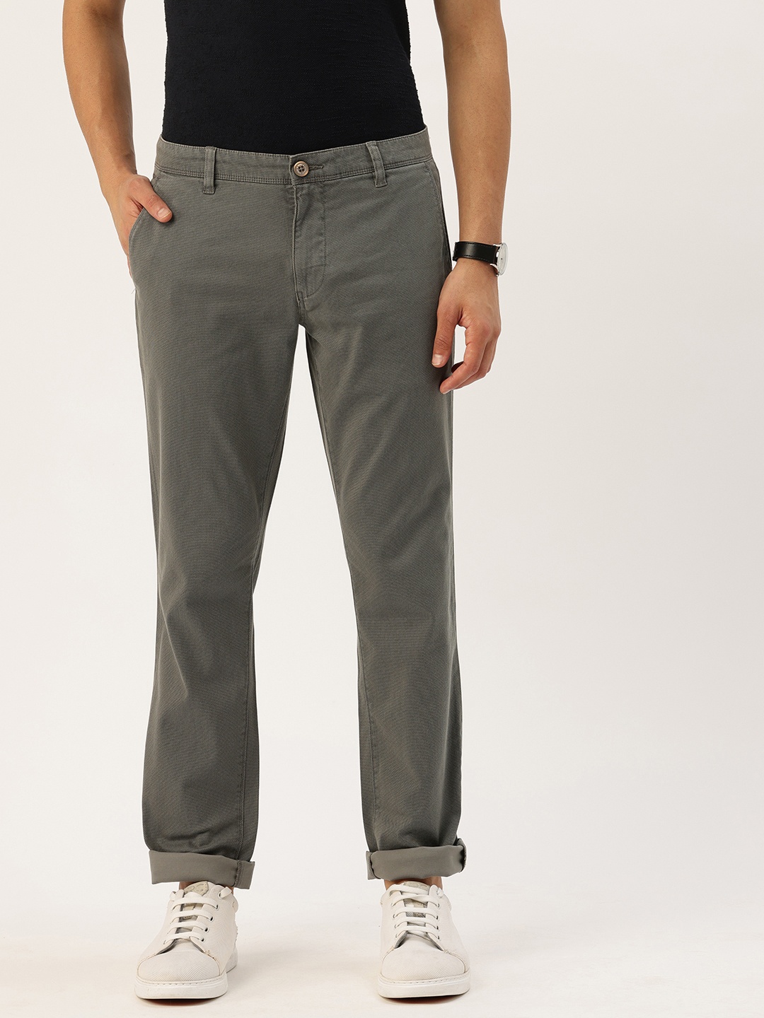 

Parx Men Self Design Textured Tapered Fit Casual Trousers, Grey