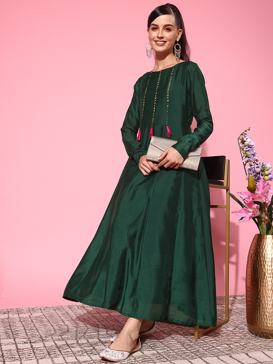 

Ahalyaa Embellished Sequined Maxi Ethnic Dress, Green