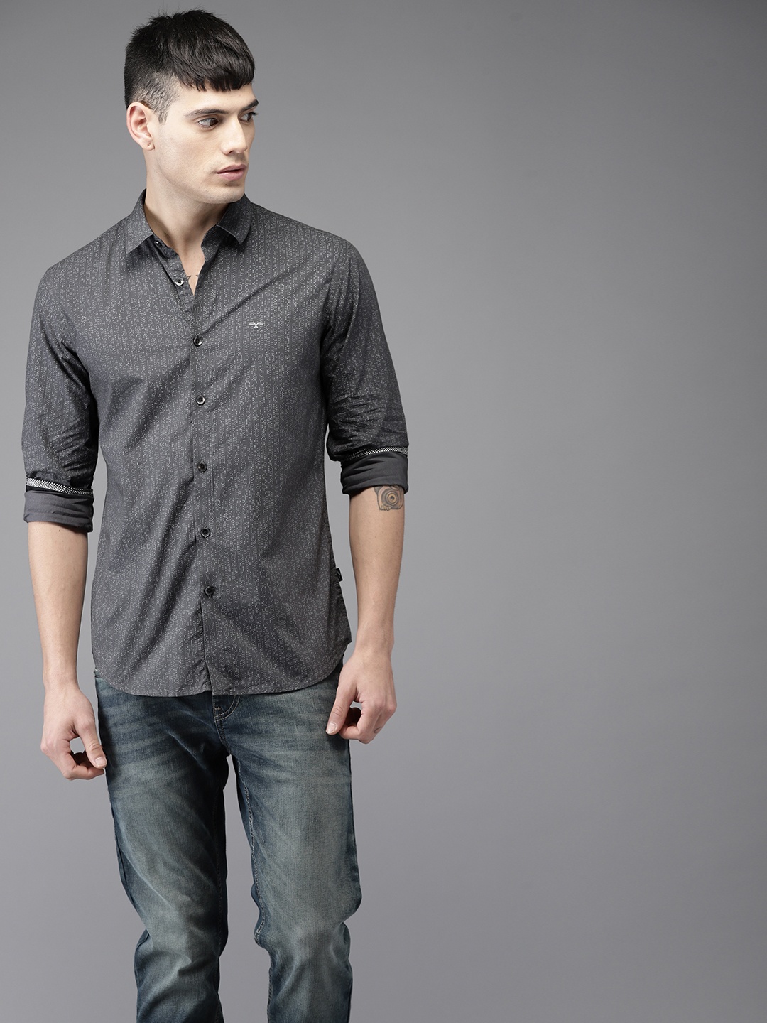 

Flying Machine Men Charcoal Grey Comfort Slim Fit Printed Casual Shirt