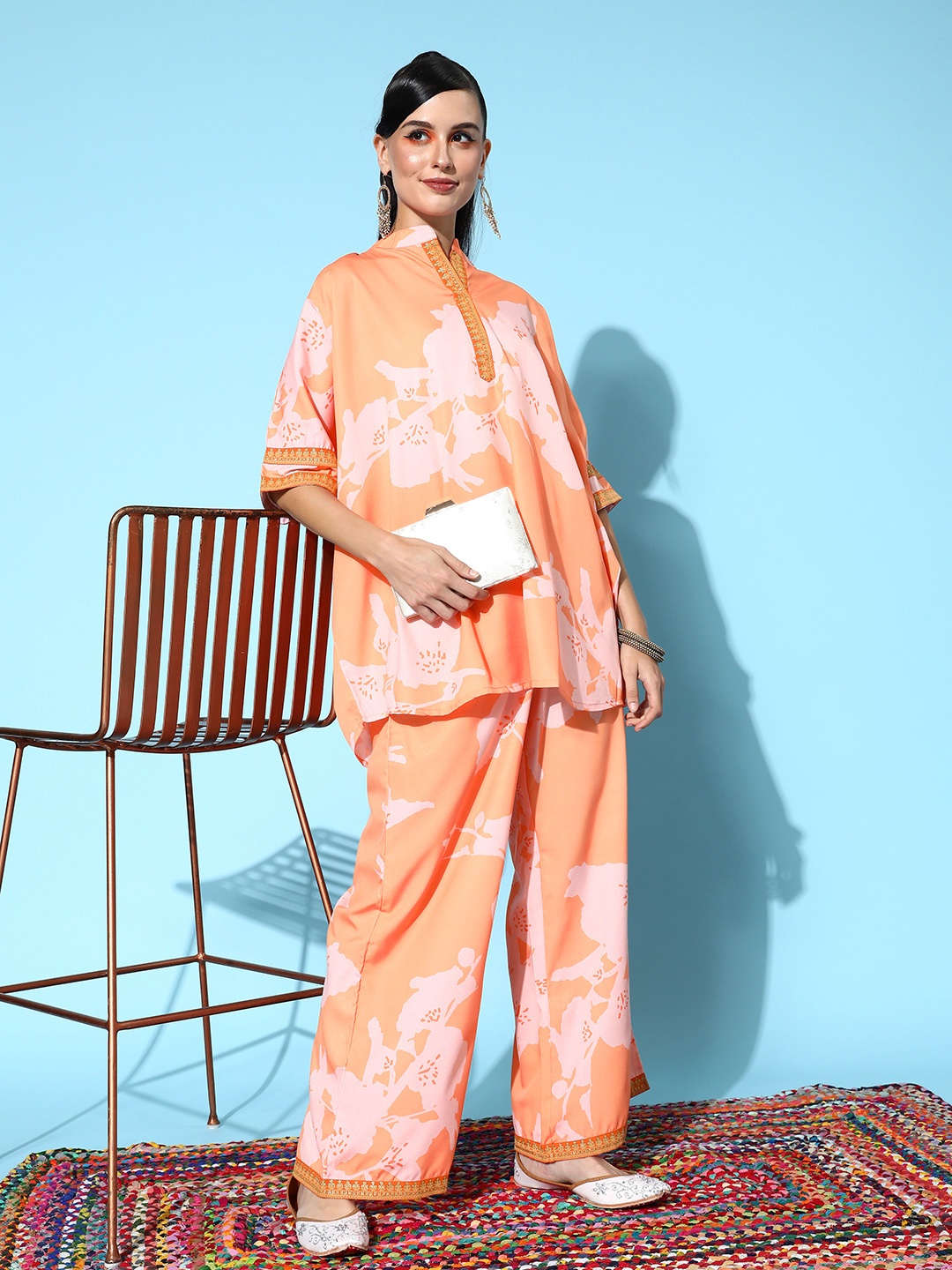 

Ahalyaa Women Printed Tunic with Palazzos, Orange