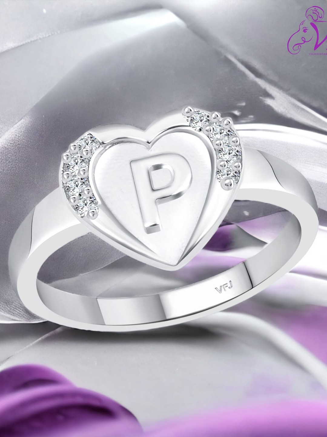 

Vighnaharta Rhodium Plated CZ Studded P Alphabet Adjustable Finger Ring, Silver