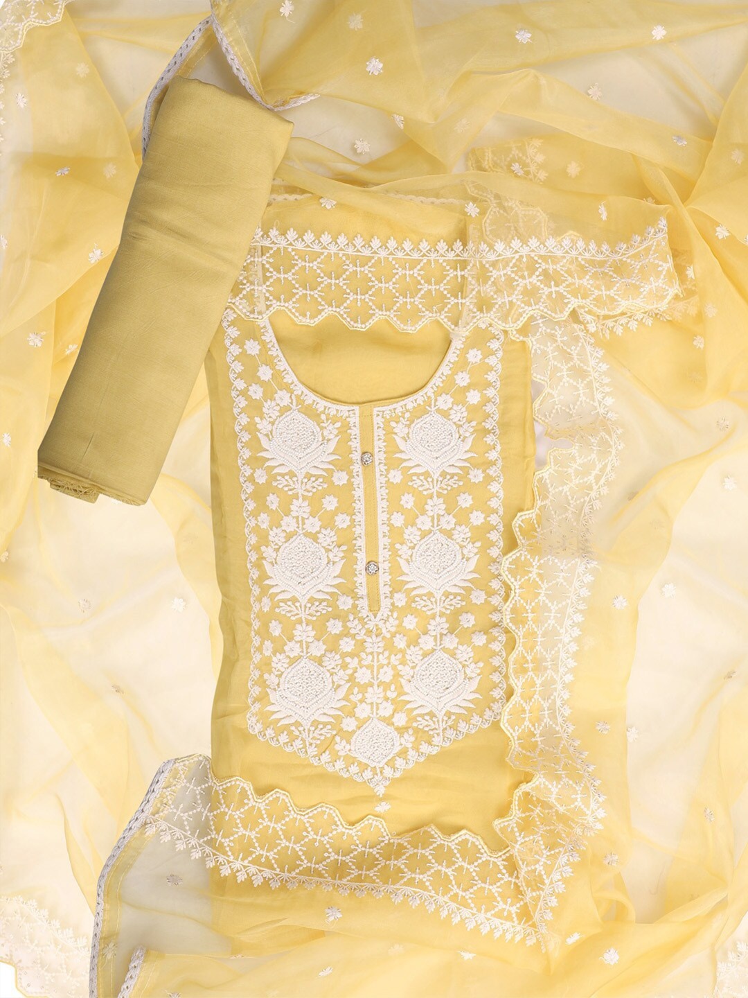 

SALWAR STUDIO Floral Beads & Stones Embroidered Organza Unstitched Dress Material, Yellow