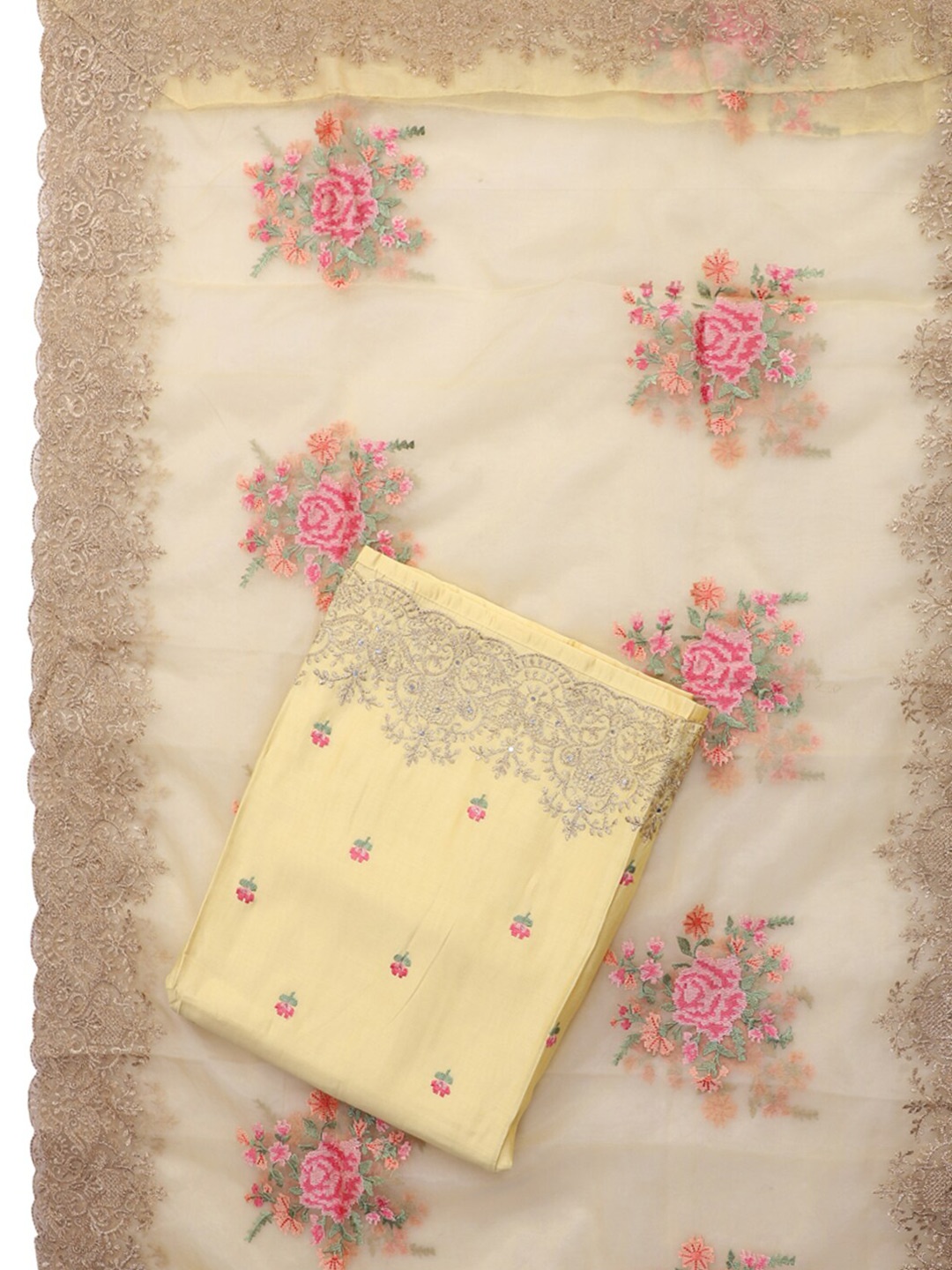 

SALWAR STUDIO Floral Embroidered Pure Silk Unstitched Dress Material, Yellow