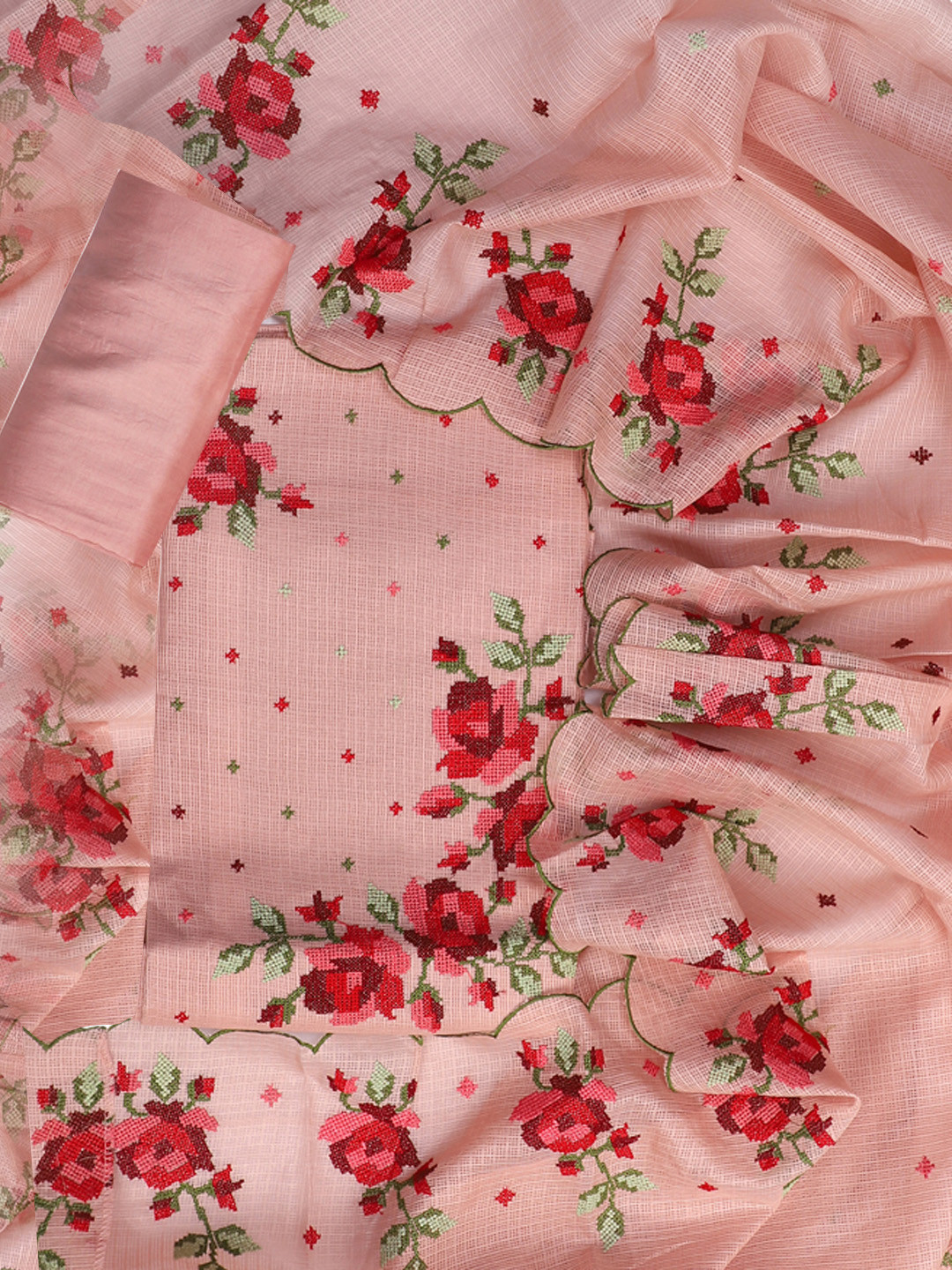 

SALWAR STUDIO Floral Embroidered Pure Cotton Unstitched Dress Material, Peach