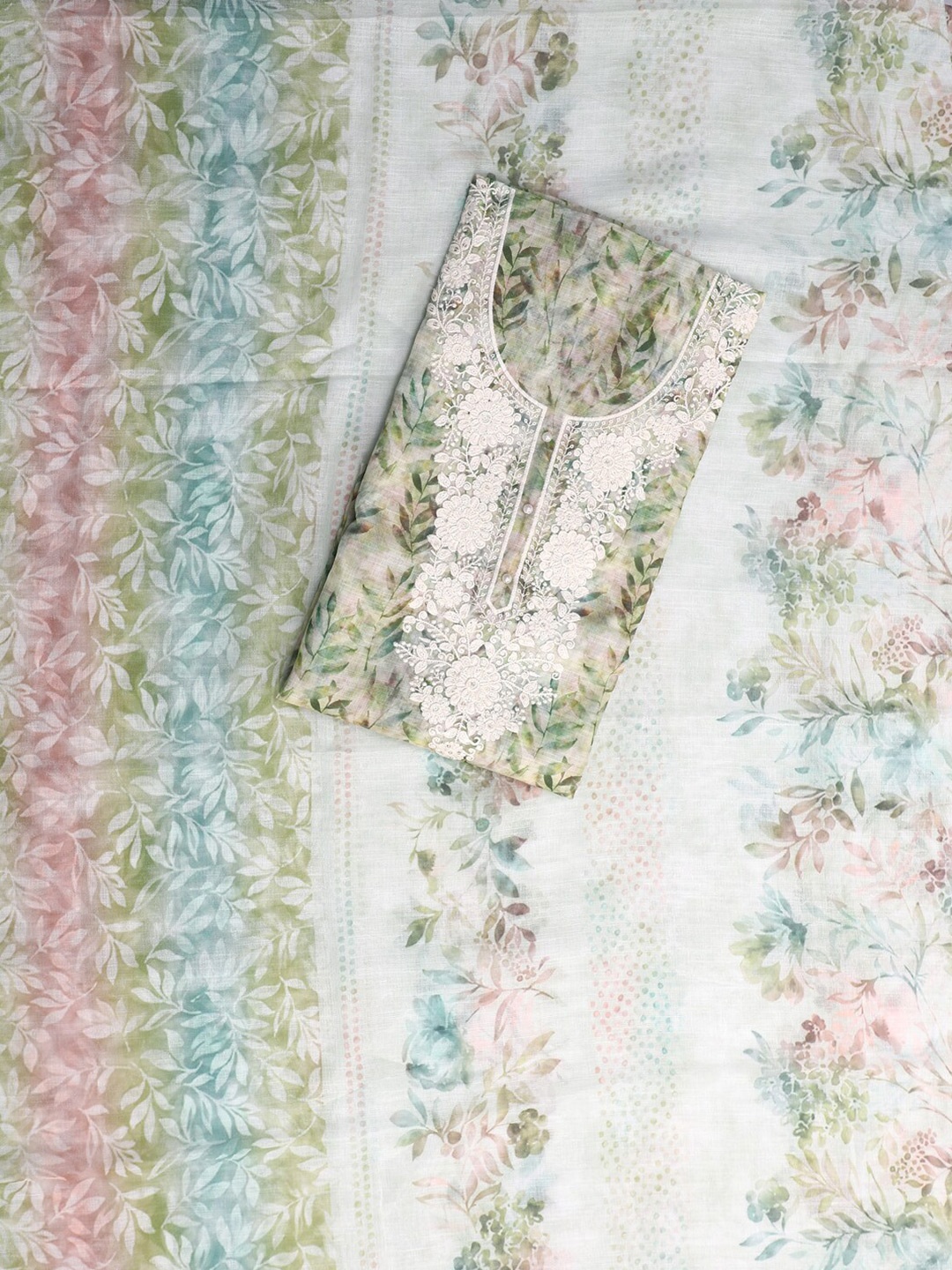 

SALWAR STUDIO Floral Printed Thread Work Linen Unstitched Dress Material, Green