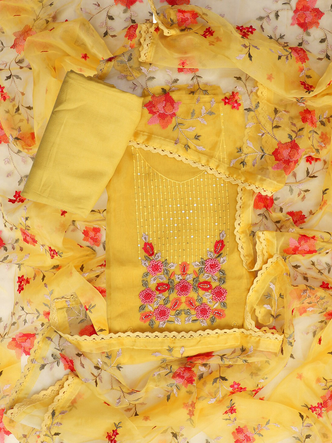 

SALWAR STUDIO Floral Printed Organza Unstitched Dress Material, Yellow