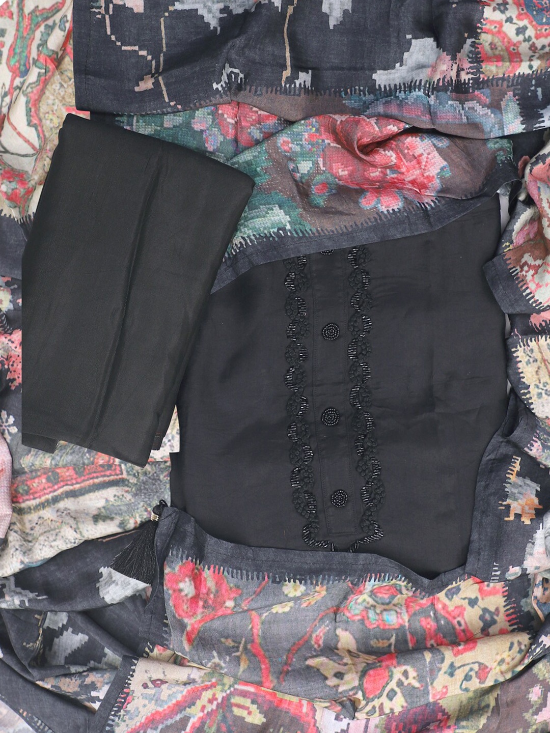 

SALWAR STUDIO Floral Printed Pure Cotton Unstitched Dress Material, Black