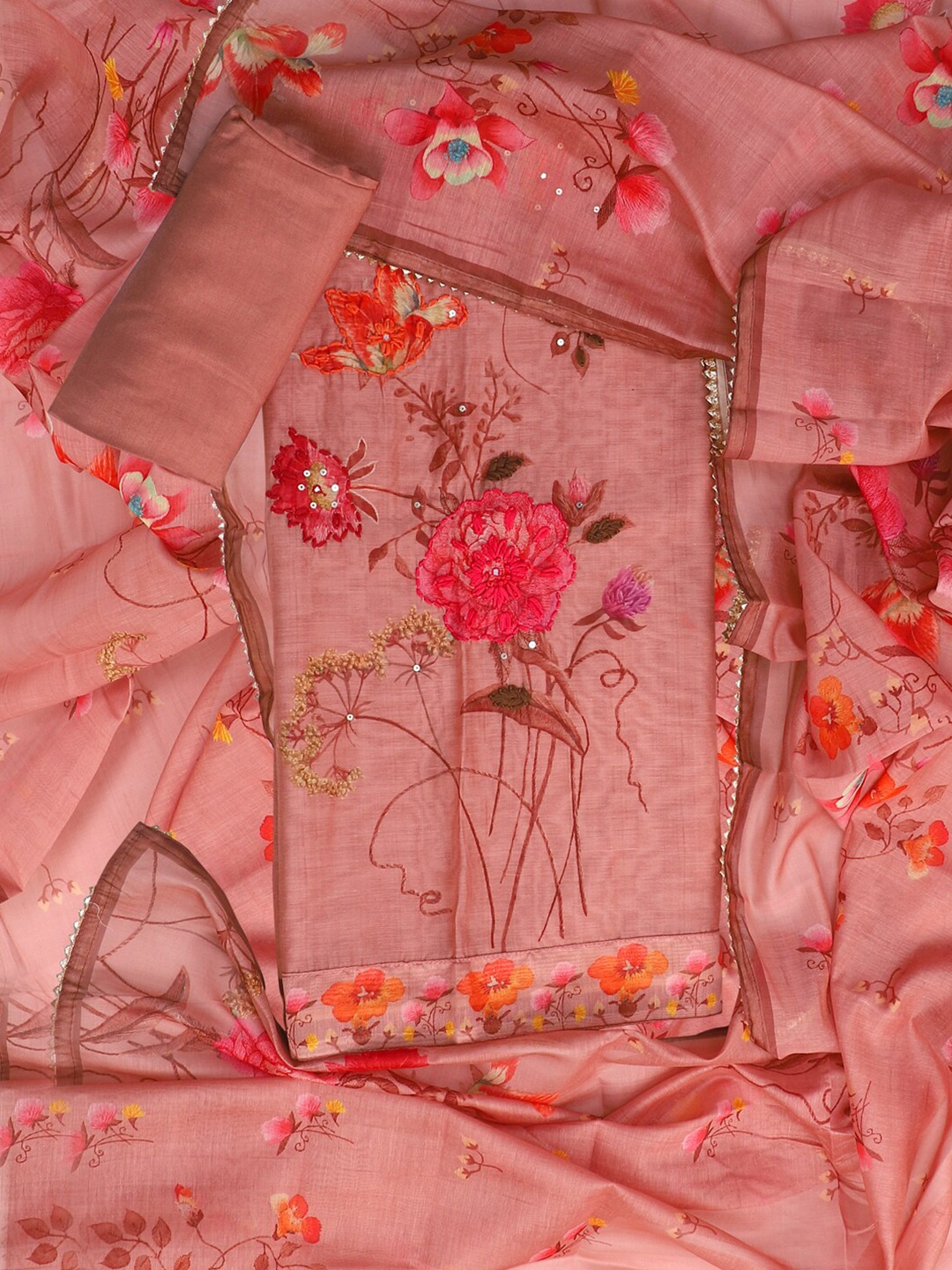 

SALWAR STUDIO Floral Embroidered Organza Unstitched Dress Material, Peach