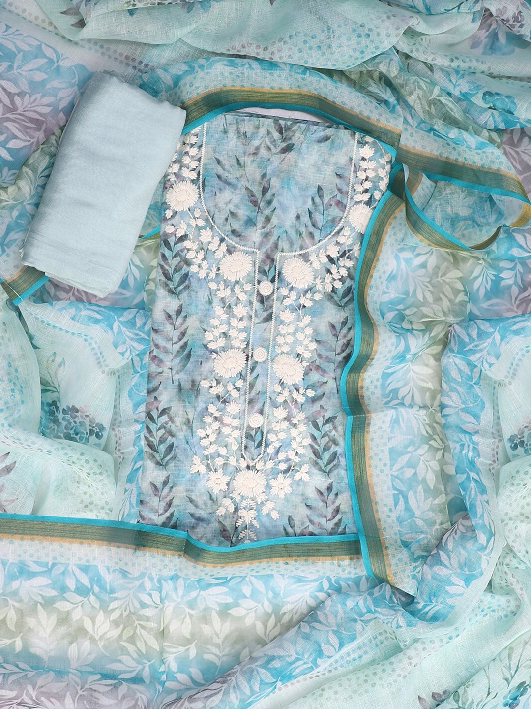 

SALWAR STUDIO Floral Printed Thread Work Linen Unstitched Dress Material, Blue
