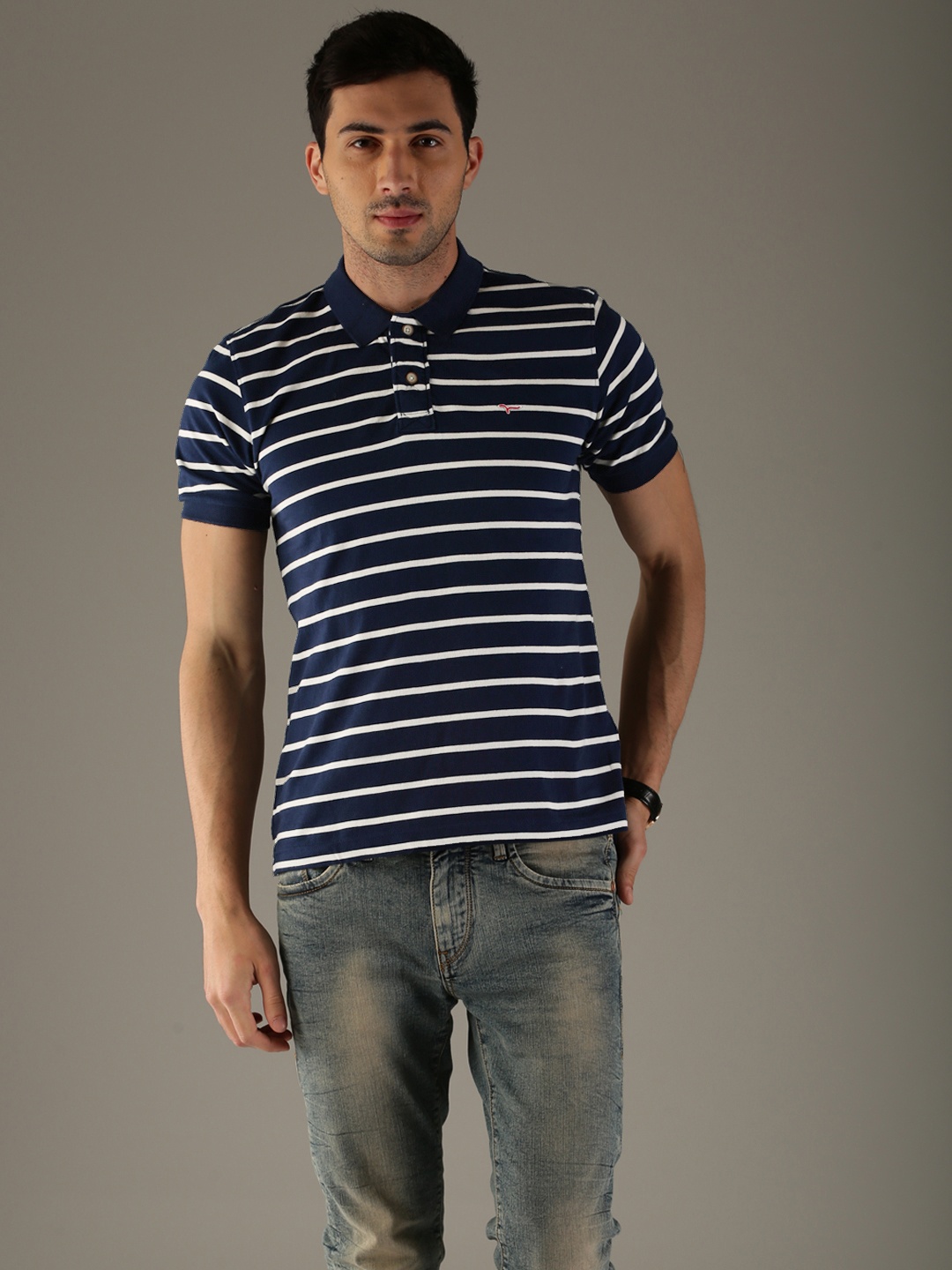 

Flying Machine Men Navy White Striped Polo Pure Cotton T-shirt, Navy blue